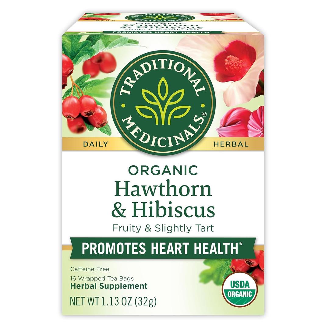 Traditional Medicinals Tea, Organic Hawthorn & Hibiscus - Promotes Heart Health - Kosher, Non-GMO, Caffeine-Free - 16 Tea Bags