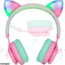 Riwbox CT-7 Cat Ear Bluetooth Headphones, LED Light Up Bluetooth Wireless Over Ear Headphones with Microphone and Volume Control for Travel/School/Smartphones/Laptop/PC/TV (Pink&Green)