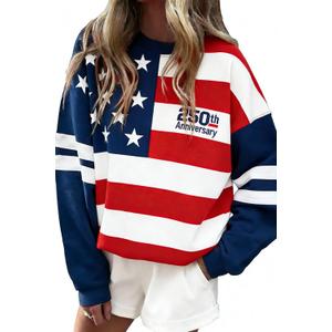 KevaMolly Womens Varsity Striped Oversized Sweatshirt Drop Shoulder Long Sleeve Casual Fashion Pullover Top, L