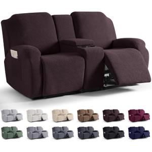 KinCam Loveseat Recliner Covers with Middle Console Slipcover, Recliner Sofa Covers 2 Seat Couch Cover Stripe Jacquard Furniture Protector Covers with Elastic Bottom for Kids, Pets (Dark Coffee)