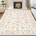 5x7 Area Rug Print Washable for Living Room Low Pile Non Slip Soft Thin Carpet Boho Vintage Floral Rug Stain Resistant for Bedroom Dining Room Kitchen Playroom Creamwhite