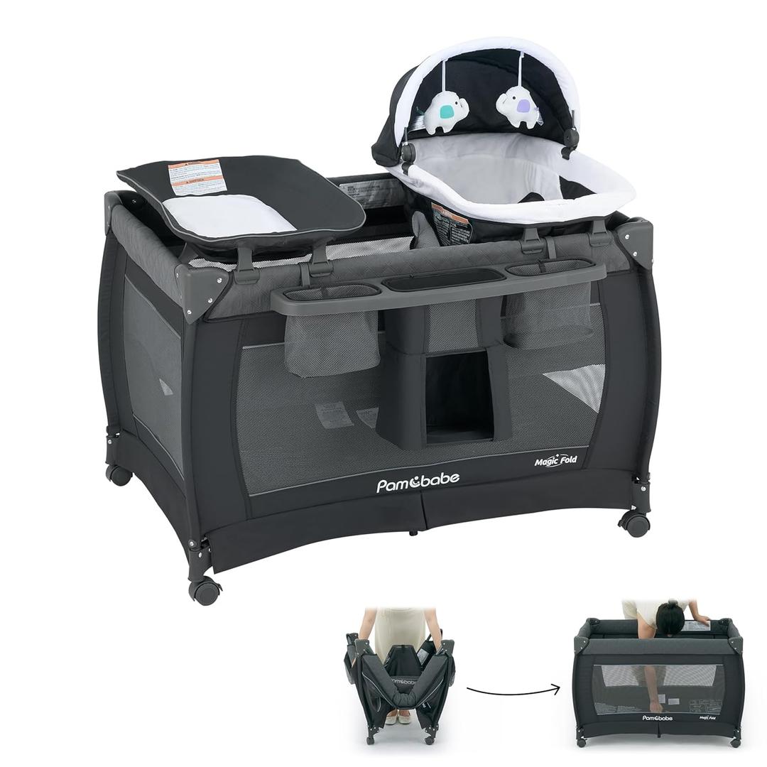 Pamo Babe 1-Second Setup 4-in-1 Playard for Babies - Heavy-Duty Steel Frame for Safe Sleep Space, Portable Crib with Changing Table, Locking Wheels, Breathable Mesh (Grey)