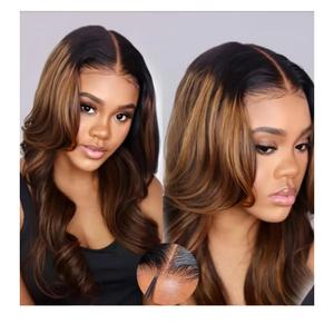 KLAIYI Bye Bye Knots Glueless Wig Ombre Brown Body Wave Pre Cut 7x5 Lace Front Wigs Human Hair Pre Plucked Pre Bleached Pre Everything Wear and Go Wig 12A Highlight Balayage 30S Ready To Go Wig 16Inch