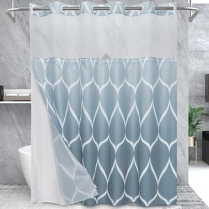 No Hook Ombre Aegean Blue Shower Curtain with Snap in Fabric Liner Set - Hotel Style with See Through Mesh Top Window, 71x74 INCH