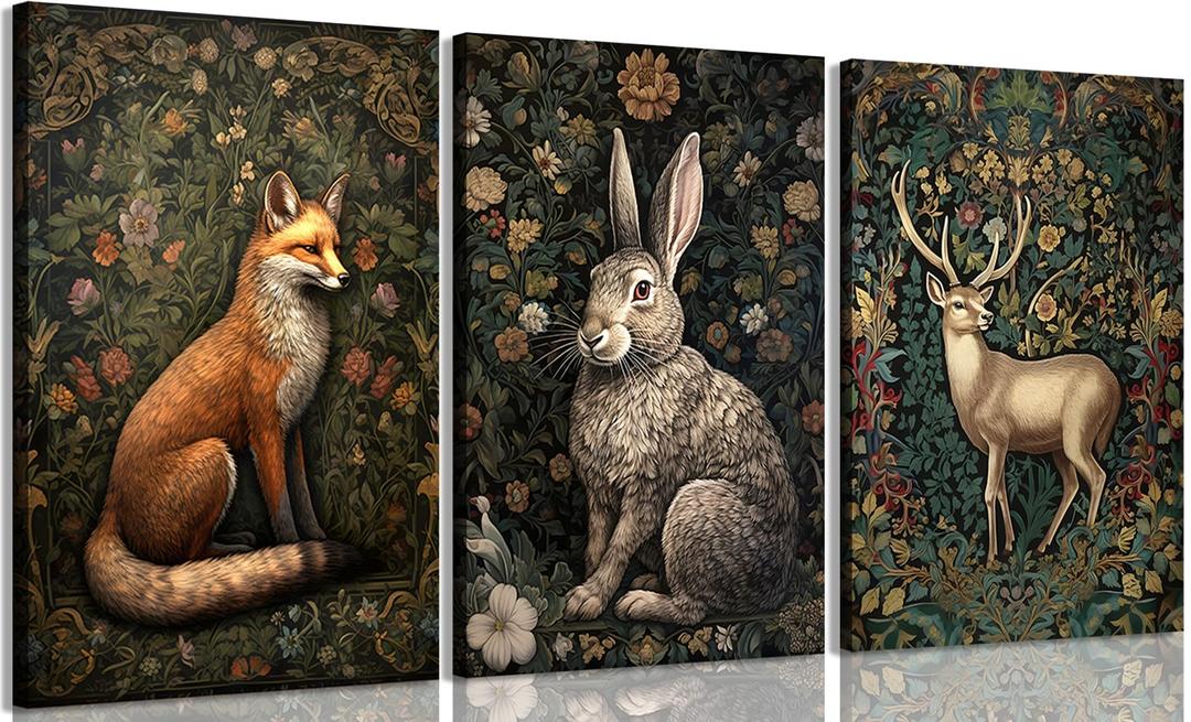 3Pcs Forest Animal Canvas Wall Art Fox Rabbit Deer Painting Pictures Wall Decor Wildlife Animal Posters Prints Dark Gothic Botanical Floral Artwork for Office Bedroom Home Decoration 16x24in