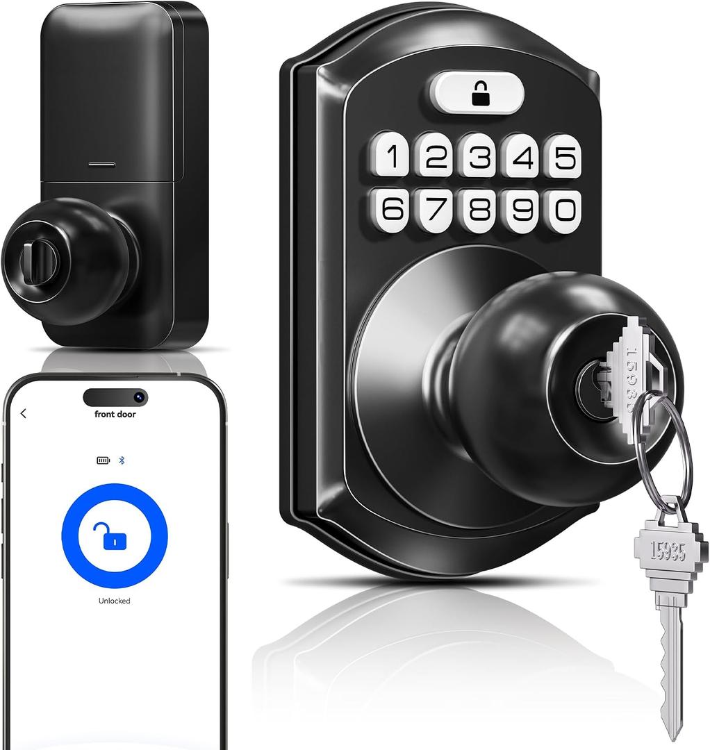 TEEHO TE018 Smart Door Knob with Keypad, App Control, Keyless Entry Digtal Door Lock with Handle, Remote Share One-Time Code, Auto Lock, Easy Installation for Front Door, Bedroom, Rental, Matte Black