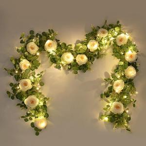 Dolicer 2Pcs 13Ft Artificial Eucalyptus Garlands with Flowers, Faux Floral Greenery Garlands with 13Ft String Lights Fake Flowers Vines for Wedding Centerpieces Arch Party Decor (White)