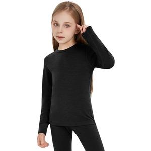 Kids Unisex 100% Merino Wool Base Layer Tops Lightweight Thermal Underwear Shirt 11_12Y, Black