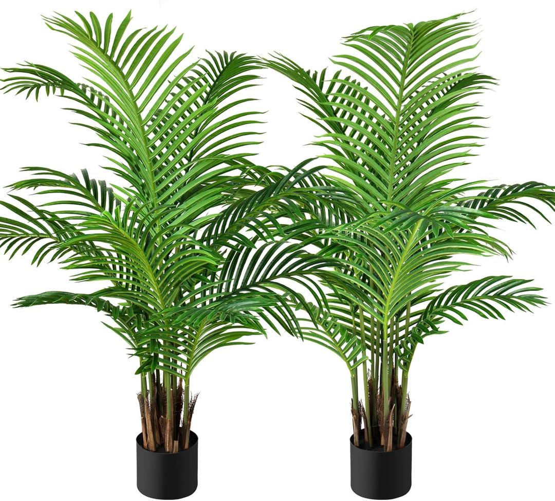 2 Pack Artificial Palm Tree with 12 Trunks Home Decor, 4FT Fake Palm Tree Lifelike Faux Tropical Areca Floor Fake Plants Indoor and Outdoor for Bedroom Home Living Room Balcony Patio Office Decor