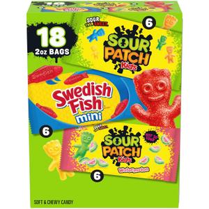 SOUR PATCH KIDS and SWEDISH FISH Mini Soft & Chewy Candy Variety Pack, Bulk Candy, 18-2 oz Bags (EXP 06/07/26)