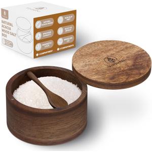 Acacia Wood Salt Container with Built-in Spoon, Elegant Salt Holder with Magnetic Swivel Lid, Salt Box for Kitchen to Storage Pepper, Spice or Favorite Seasonings, 6OZ (Single Compartment)
