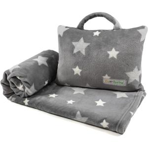 3-in-1 Kids Travel Pillow and Blanket Set - 40x60 Inches Soft Grey Star Design | Travel Blanket Airplane Compact with Bag | Ideal for Travel, Camping, Car Rides & Home Decor