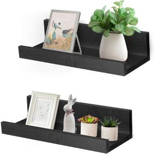 2 x Muzilife 12" Small Floating Wall Ledge Shelves with Lip - Set of 2 Wood Floating Shelves - Black Wall Mounted Picture Ledge for Office, Bathroom, Bedroom, Living Room, Kitchen