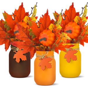 Karenhi 13 Pcs Fall Thanksgiving Mason Jar Table Decor, Fall Centerpieces for Tables with Artificial Leaf Pumpkin and Garland, Thanksgiving Day Autumn Home Kitchen Indoor Decor(Leaf)