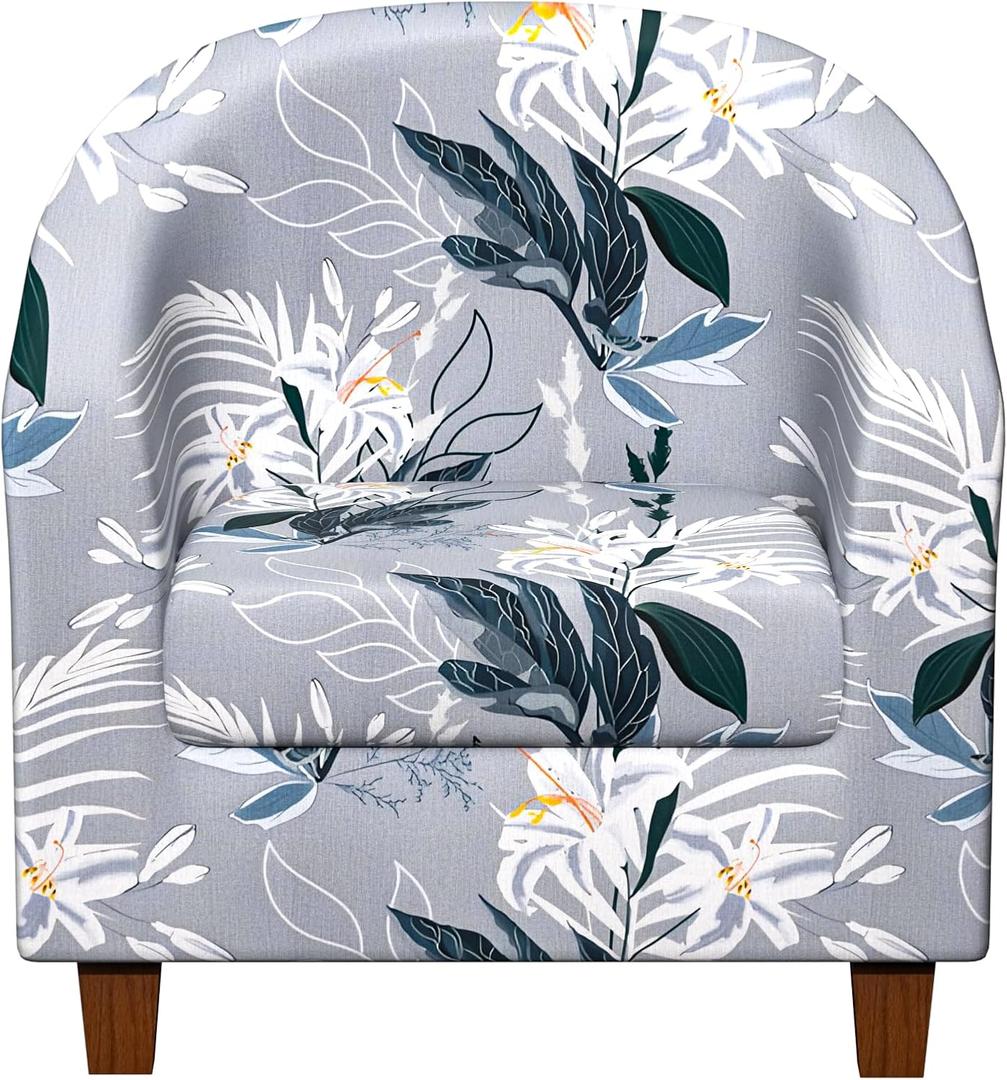 Club Chair Slipcover Printed 2 Piece Round Barrel Chair Cover Tub Armchair Covers with Elastic Bottom Chair Coverings Furniture Protector for Bar Counter (Lily Flower+gray Texture)