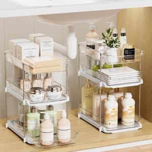 LAMU 2 Pack Bathroom Organizers and Storage, 3-Tier Stackable Under Sink Storage with Pull-Out Drawers & Dividers, Medicine Cabinet Organizer for Kitchen Pantry Organization | 2 Pack, Stackable, Pull-Out Drawers, Dividers