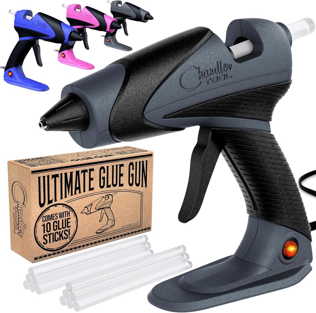 Full Size Hot Glue Gun Kit for Construction, DIY & Crafts, Chandler Tool High Temp Large Glue Gun with Stand-Up base & 12 Glue Sticks, Perfect for Home Repair, Arts & Crafts, (Grey/Black)