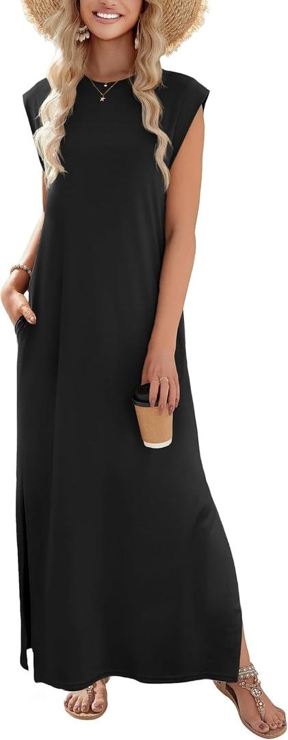 Zeagoo Summer Dresses for Women 2026 Black Long Maxi Sundresses Loose Split Wrinkle-Free Beach Travel Vacation Clothes, X-Small