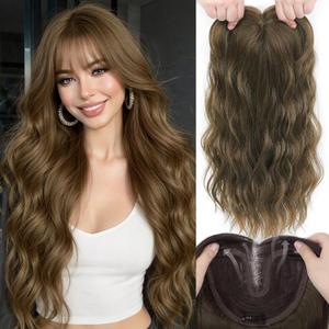 Hair Toppers for Women, 20 Inch Hand Tied Breathable Toppers Hair pieces for Women with Thinning Crown Wispy Bangs Mix Human Hair Clip in Curly Lightweight Wiglets (Chestnu Brown, Wispy Bangs)