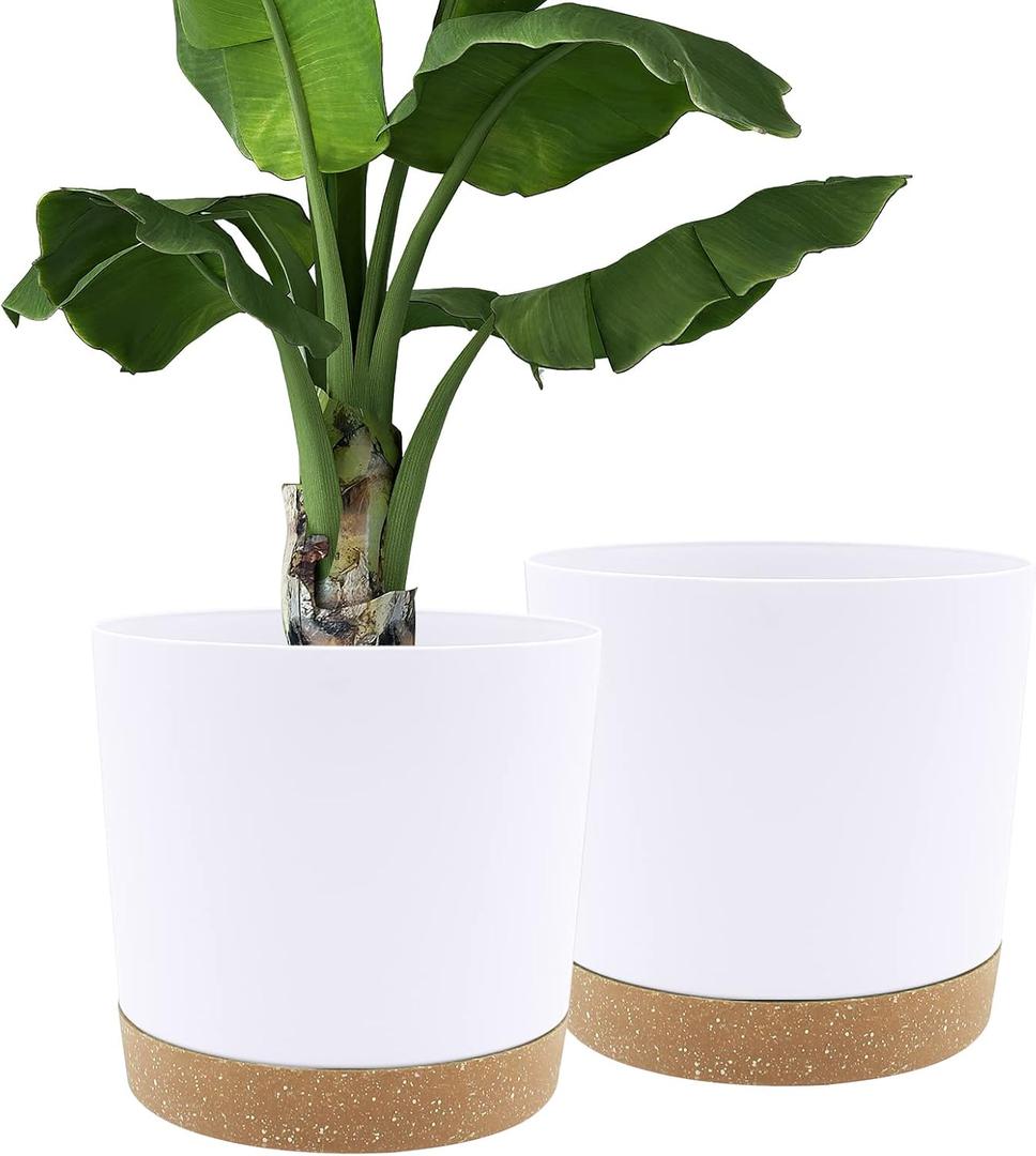 QCQHDU 12 inch Plant Pot, 2 Pack Planters for Indoor Plants with Drainage Holes & Saucer, Outdoor Flower Pots Home Garden Modern Decor (White)