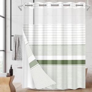 No Hook Boho Shower Curtain with Snap in Fabric Liner Set, Sage Green and White Striped Modern Double Layers Waterproof Fabric with See Through Top Window Open Grommet Bath Curtain 71x74 Inch