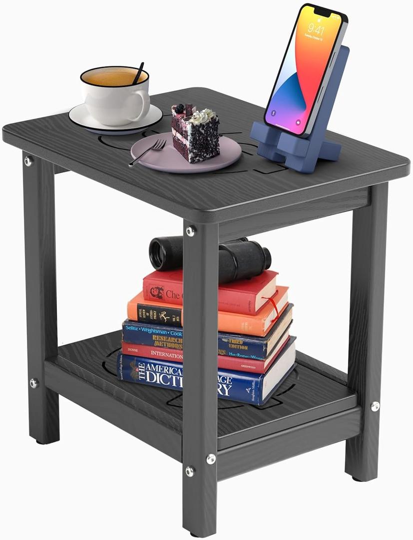 16.6'' HDPE Outdoor Side Table, All-Weather Small Outdoor Table for Adirondack, Patio, Porch, Balcony, Poolside (2-Tier, Black)