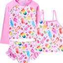 swimsobo Girls 3-Piece Swimsuit Long Sleeve Rash Guard Tankini Sets UPF Sun Proction Bathing Suit 3-10T (7-8 Years, Ice Cream)