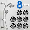 Retrofit 2-Way Shower Head Combo, 8-Function Rainfall Shower Head with 9 Setting Handheld Shower Combo, Adjust Slide Bar and Shower Arm, 2.5 GPM, Drill-Free Shower System, Chorme