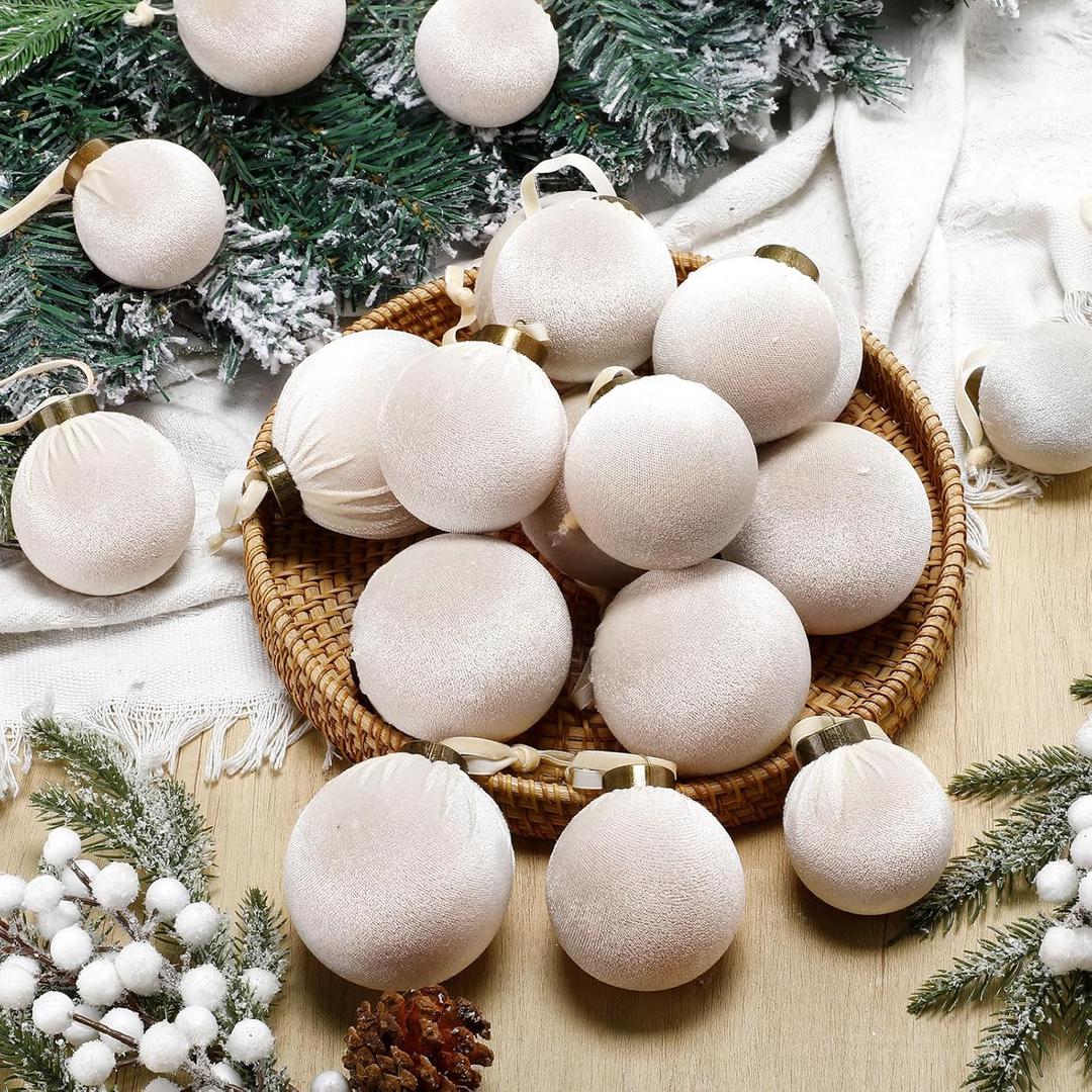 HyDren 24 Pcs Beige Velvet Christmas Ornaments Balls Bulk Flocked Christmas Tree Ornaments 3.15, 2.76, 2.36 Inch Shatterproof Hanging Xmas Tree Balls Decor for Xmas Decorations