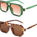 BUTABY Retro Square 70s Flat Aviator Sunglasses Women Men Vintage Trendy Plastic Frame Sun Glasses UV400 Protection (Leopard Frame Brown Lens + Green Frame Gradient Pink Lens)