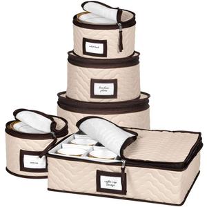 China Storage Containers 5-Piece Set Moving Boxes for Dinnerware, Glasses, Plates, Mugs and Saucers Sturdy Quilted Microfiber Dish Organizer with Dividers for Seasonal Storage - Holds Set of 12 (Beige)