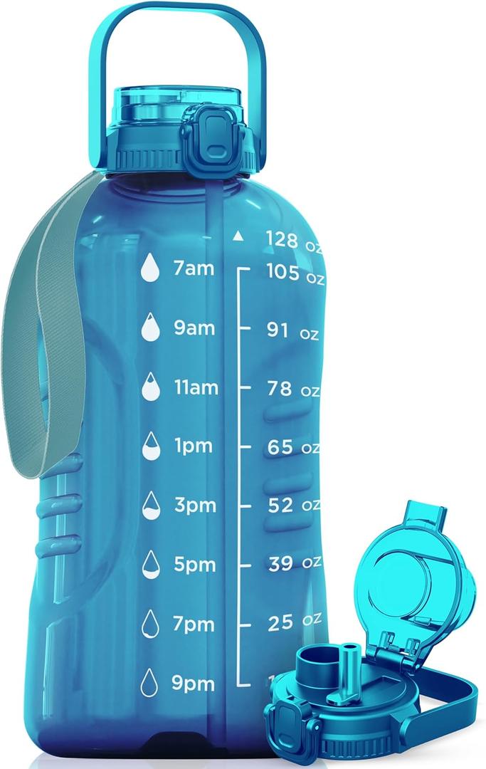 AQUAFIT 128 oz Water Bottle with Time Marker - 2in1 Straw & Chug Lid - BPA Free Big Jug with Straw - Gym Water Bottle with Strap (128 Ounces, Aqua)