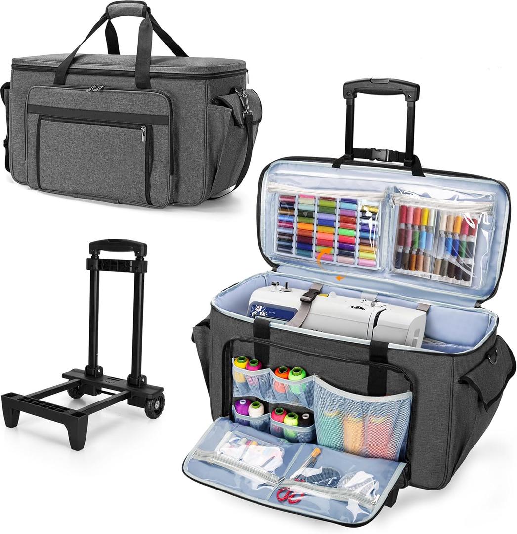 CURMIO Sewing and Embroidery Machine Carrying Case with Wheels, Rolling Embroidery Machine Tote Bag with Bottom Support Board Compatible with Brother SE600, PE535 Embroidery Machine, Gray