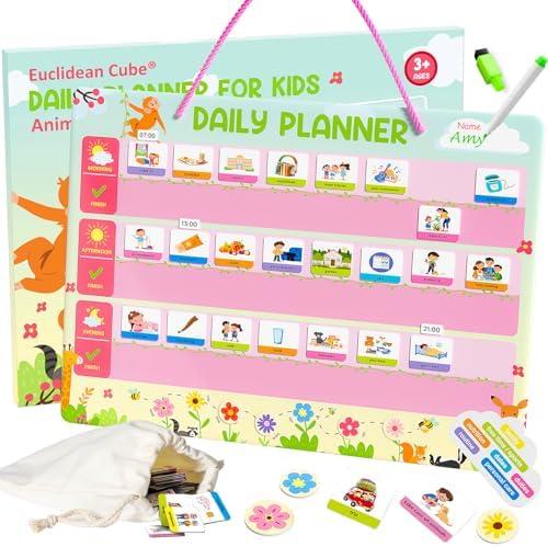 Daily Planner for Kids - Magnetic Behavior Board Calendar with 195 Magnets, Storage Bag, Cord & Pen - Daily Routine and Chore Chart - Visual Schedule for Kids 3+ Year Old (Animal Theme)