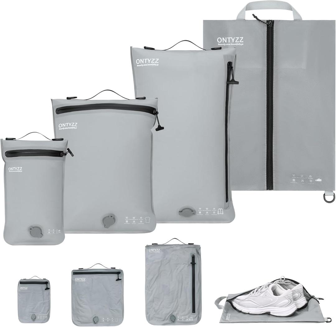 ONTYZZ 4 Set Vacuum Bags for Travel, Professional Reusable Organizer Bag with IPX8 Waterproof Zipper, Durable Seal Space Saver and ShoseBags for Traveling Essentials, Grey (No Pump)