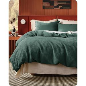 Bedsure Cotton Duvet Cover Queen - 100% Cotton Waffle Weave Forest Green Duvet Cover Queen Size, PureWoven Breathable Bedding Set for All Season, 3 Pieces, 90"x90"
