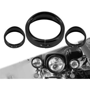 Motorcycle 7" Headlight Trim Ring + 4.5" Fog Light Trim Ring Set Visor Style Fit for Harley Touring Road King Street Glide Electra Glide 2014-UP Gloss Black