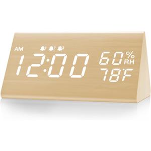 JALL Digital Alarm Clock, with Wooden Electronic LED Time Display, 3 Alarm Settings, Humidity & Temperature Detect, Wood Made Electric Clocks for Bedroom, Bedside (Yellow)