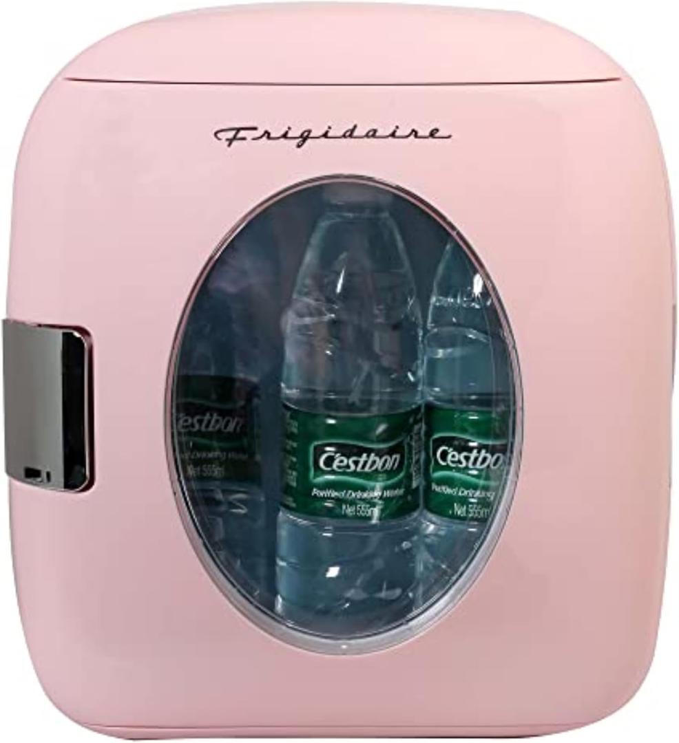 Frigidaire Retro Mini Personal Fridge Cooler, Holds 9L or 12 Cans, Portable for Car, Office, Bedroom, Dorm Room, or Cabin, Features Plugs for Home Outlet & 12V Car Charger - 10"D x 7"W x 10.5"H, Pink