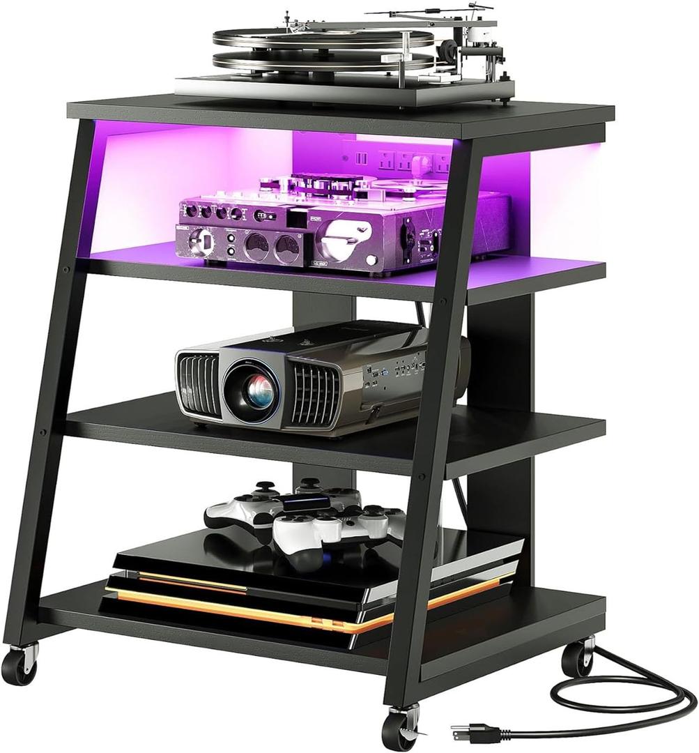 CHOEZON 4-Tier AV Media Stand with Wheels, Stereo Stands, Media Console Shelf with Power Strips, LED Lights, Wooden Audio Cabinet Rack Tower for Record Player/Apple TV/ps4, Black TCJ60UDBB, 15.7 inches x 23.6 inches x 31.5 inches