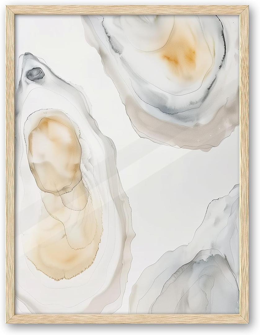 iHery Natural OAK Wood Abstract Coastal Oyster Framed Wall Art, 12x16 in Canvas Wall Art Hamptons Style Beach House Decor, Abstract Bathroom Decor Set of 1 For Bedroom Living Room