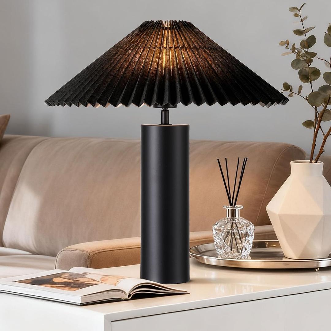 Modern Table Lamp with Pleated Lampshade and Cylindrical Base, E26 Bulb Compatible, Contemporary Accent Light for Living Room, Bedroom, Office (Black)