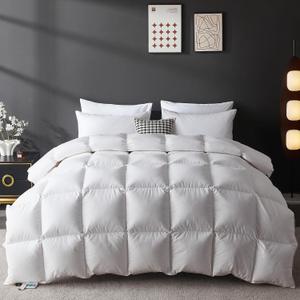 L LOVSOUL Goose Feather Down Fiber Comforter Queen Size, 100% Organic Cotton Fabric Duvet Insert,1200TC,750+FP, Hotel Collection, Heavyweight White Bedding Comforters with 8 Tabs,92oz