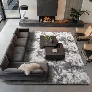 Ophanie Area Rugs 9x12 Living Room, Large Tie-Dyed Grey&White Bedroom Carpet, Big Shag Indoor Thick Soft Nursery Rug, Fluffy Carpets for Boy and Girls Room Dorm Home Decor Aesthetic (9' x 12', 4- Tie-dyed Grey & White)