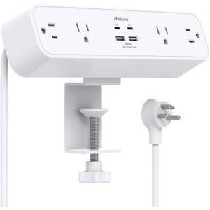 PD30W Desk Clamp Power Strip, Desktop Mount Surge Protector, Fast Charging Station, 5Ft Extension Cord Desk Edge Mount Shelf with 4 Outlets 4 USB Ports (2 USB C), Home Office Accessories Essentials (White)