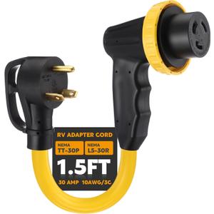 Kanayu 30 Amp RV Marine Adapter RV Extension Cord with Locking Connector Plug Compatible with NEMA TT-30P to L5-30R, Generator Power Cord with 90 Grip Handle, 10AWG/3C STW, ETL Listed(1.5ft)