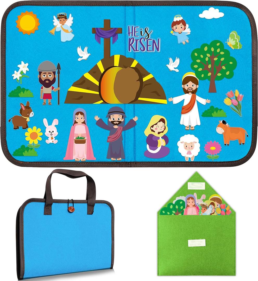 WATINC 28Pcs Easter He is Risen Portable Felt Story Board Jesus Resurrection Felt Storytelling Board Christian Stories Travel Board Preschool Early Learning Play Kit for Toddlers Kids