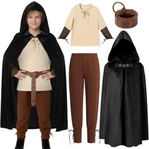 4 PCS Renaissance Costumes Outfit Pirate Medieval Viking Costume Hooded Cape Belt for Halloween Cosplay (6-8 Years, Mixed Color)