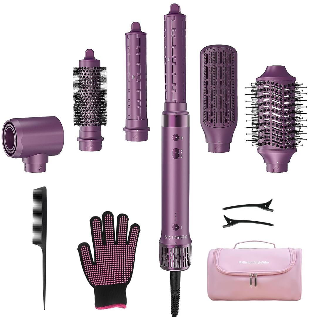 StyleVibe 6-in-1 Air Styler, Hair Dryer & Blow Dryer Brush with Travel Case - Auto Wrap Curls (L/R), Fast Drying, Thermal Round Brush for Smooth Blowouts & Frizz-Free Volume, No Heat Damage (Plum Purple)