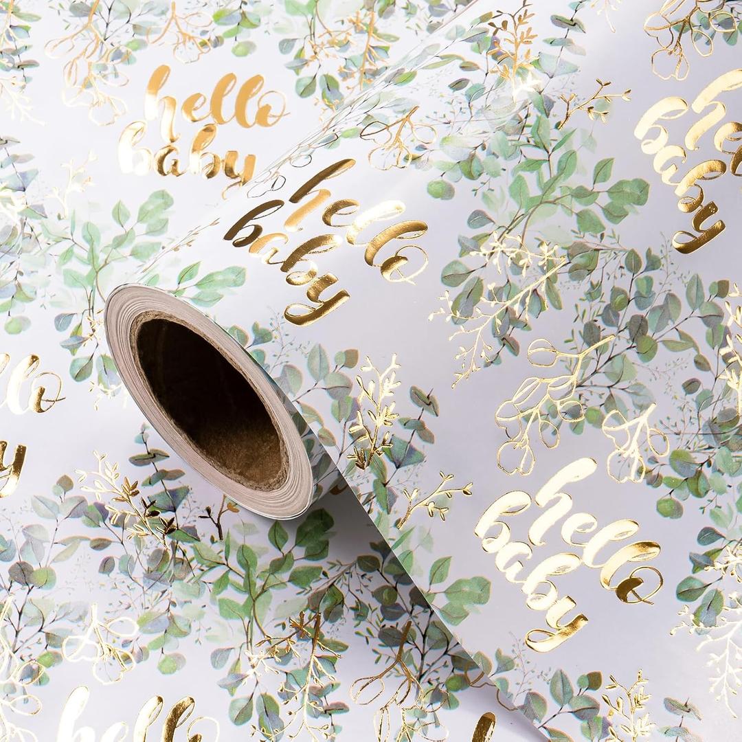 WRAPAHOLIC Neutral Baby Shower Wrapping Paper Roll - Mini Roll - 17 Inch x 16.5 Feet - Gold Foil Hello Baby Eucalyptus Sage Green Wrapping Paper for Baby Shower, Baptism Gift Wrap, Kids Birthday